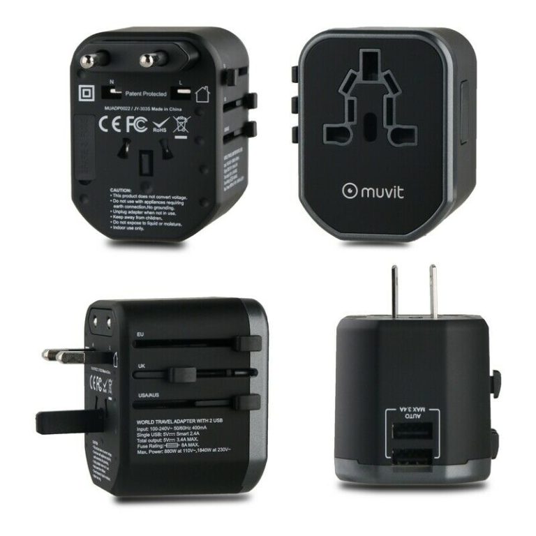 Adaptador viaje universal Muvit iO (EU,UK,US,AU) 2USB 5V 3,4A negro y gris