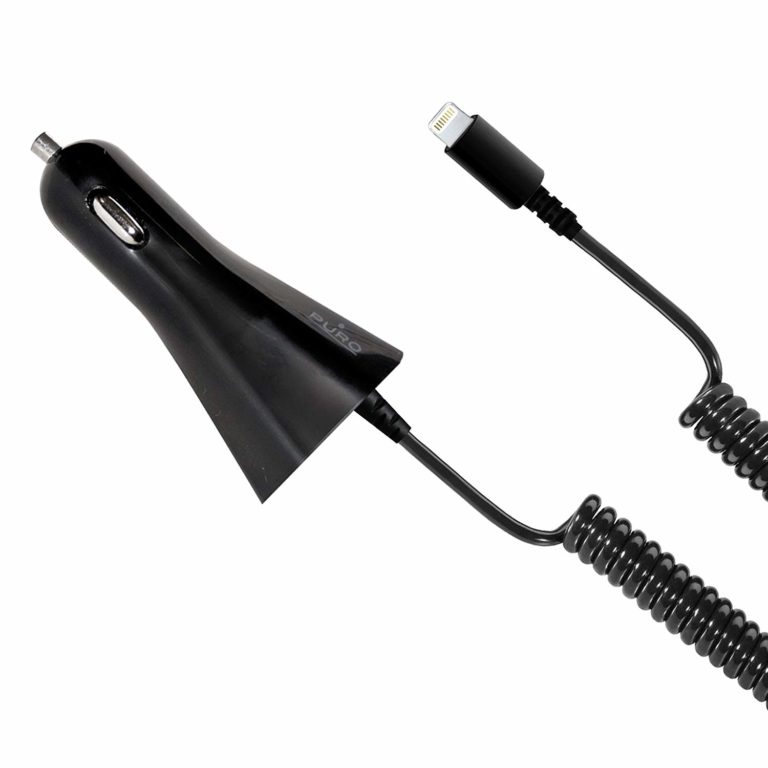 Cargador coche PURO conector 8 pins 1A cable rizado 1.5m negro.