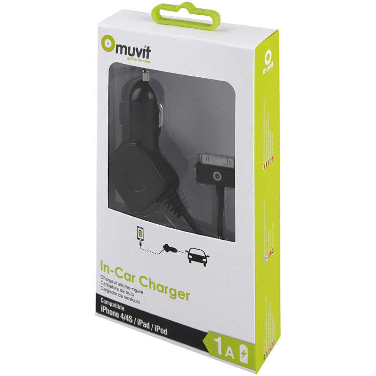 Cargador coche Muvit iO para Apple 30 pines MFI 1A color negro.