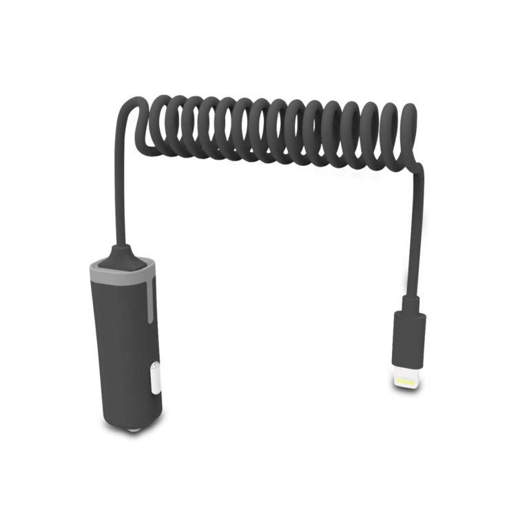 Cargador coche Muvit iO conector 8 pins 2.4A cable rizado 1,8m negro
