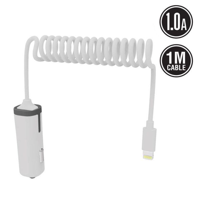 Cargador coche Muvit iO Lightning MFI 1A cable rizado 1,8m blanco