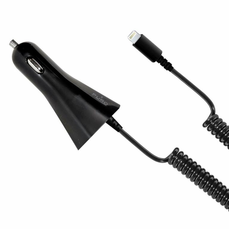 Cargador coche PURO conector 8 pins 2.1A cable rizado 1.5m negro