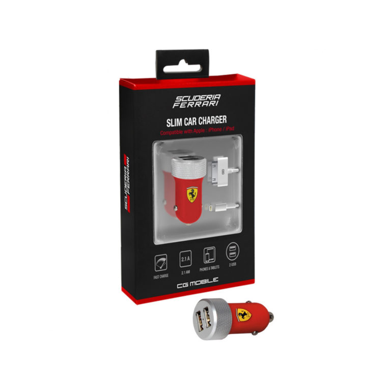 Cargador coche Ferrari USB 2 puertos 2.1A+cable Lightning MFI+cable 30 PIN MFI