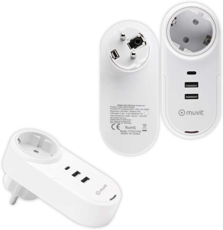 Transformador Muvit 2 USB 2.4A 12W+1 Tipo C PD 18W+Eu Plug color Blanco