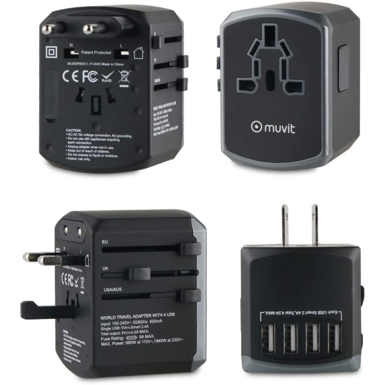 Adaptador viaje universal Muvit iO (EU,UK,US,AU) 4USB 5V 4,5A negro y gris