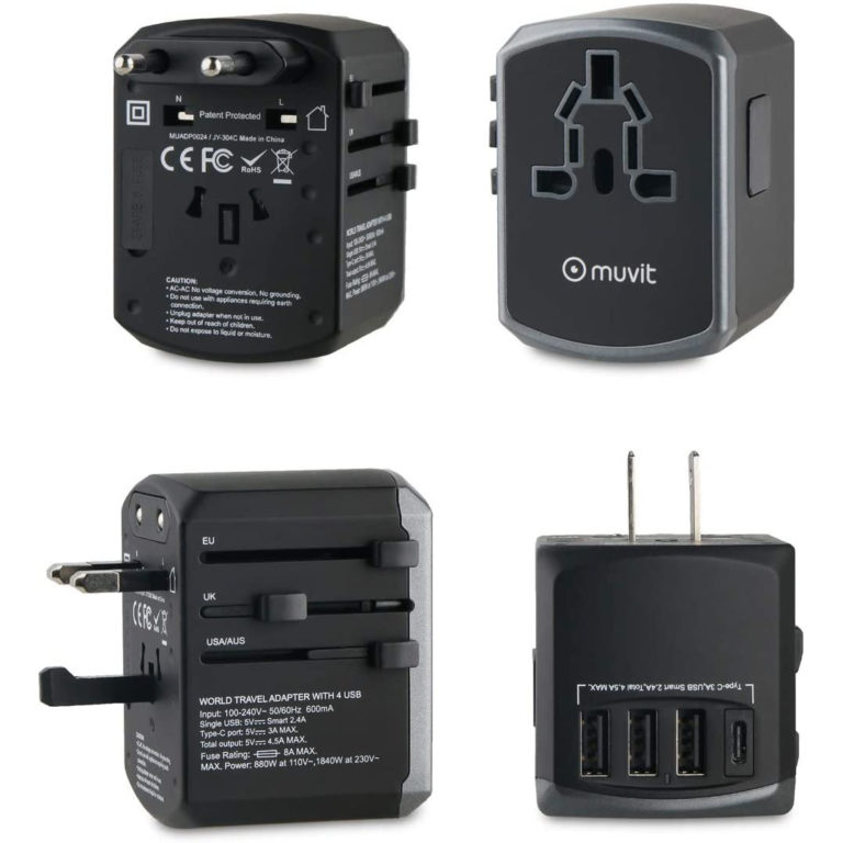 Adaptador viaje universal Muvit iO (EU,UK,US,AU) 3USB+1Tipo C 5V 4,5A negro gris