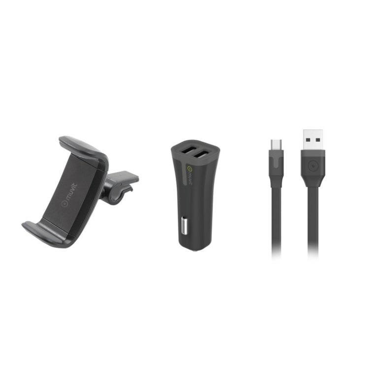 Pack soporte Muvit coche salida aire hasta 6,2''+cargador USB 2 puertos 2A negro