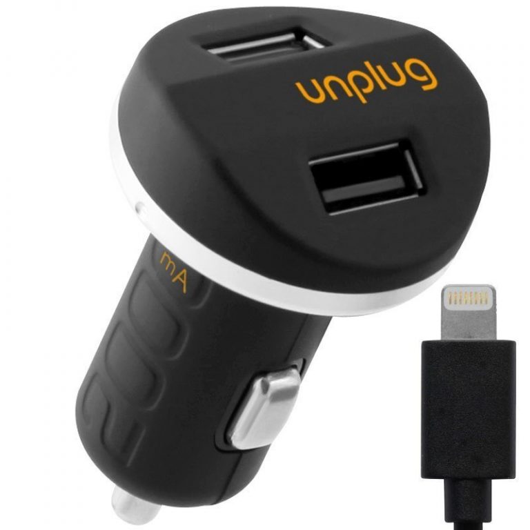 Cargador Coche USB Dual 2A Unplug con cable 8 pins. Cargador iPhone coche