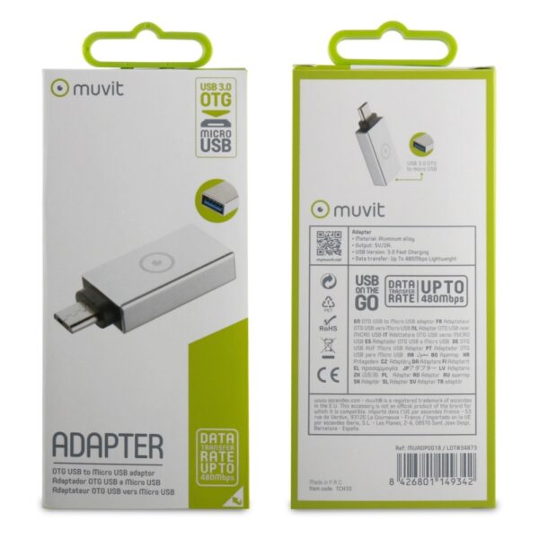 Adaptador USB Muvit OTG 3,0 a Micro USB Plata. - Imagen 3