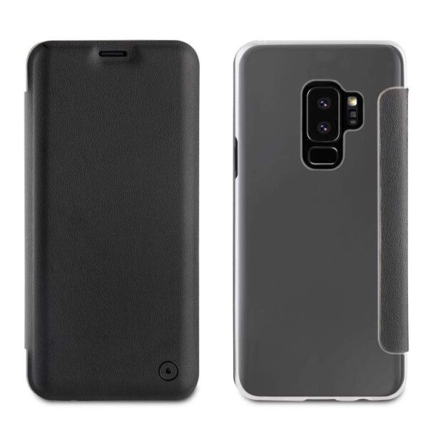 Funda Muvit Folio Samsung Galaxy S9 Plus parte trasera transparente negra.