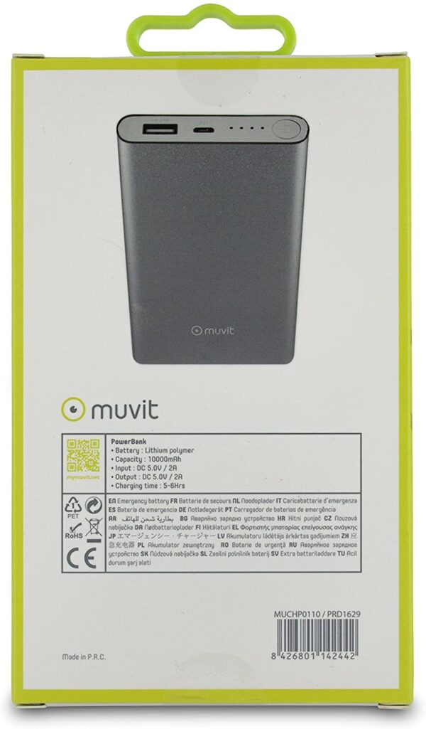 Power Bank Muvit 10000mAh MUCHP0110 USB 2A cable USB-MicroUSB plata (nuevo) - Imagen 3