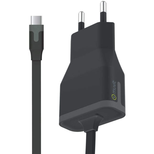 Cargador para movil USB-C. Muvit transformador Tipo C 3A plano 1m negro (NUEVO).