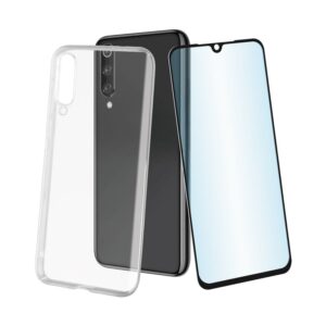 Pack Muvit Xiaomi Mi 9 SE funda Cristal Soft transparente + protector vidrio templado plano marco negro
