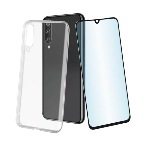 Pack Muvit Xiaomi Mi 9 SE funda Cristal Soft transparente + protector vidrio templado plano marco negro