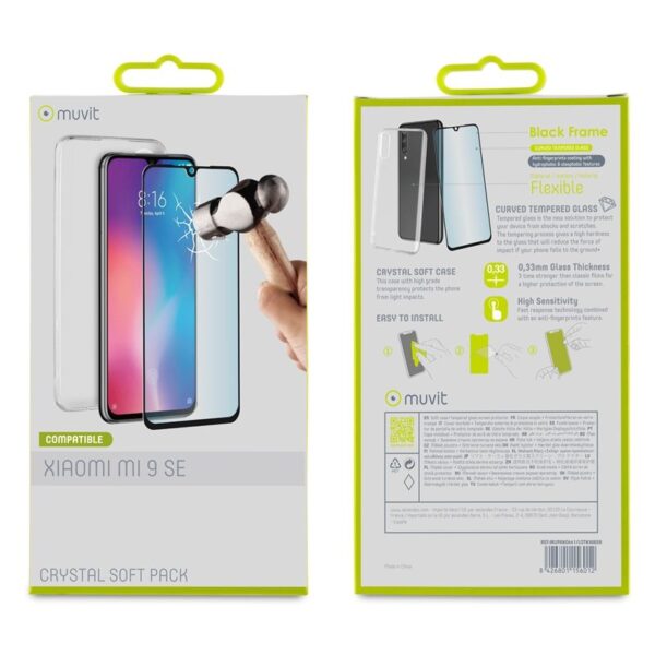 Pack Muvit Xiaomi Mi 9 SE funda Cristal Soft transparente + protector vidrio templado plano marco negro - Imagen 4