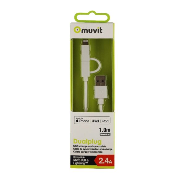 Cable Muvit USB-MicroUSB/Apple MFI 2.4A 1m blanco. - Imagen 2