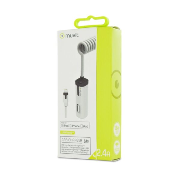 Cargador coche Muvit iO conector 8 pins 2.4A cable rizado 1,8m blanco - Imagen 3
