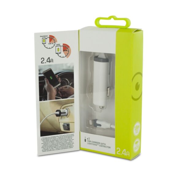 Cargador coche Muvit iO conector 8 pins 2.4A cable rizado 1,8m blanco - Imagen 4