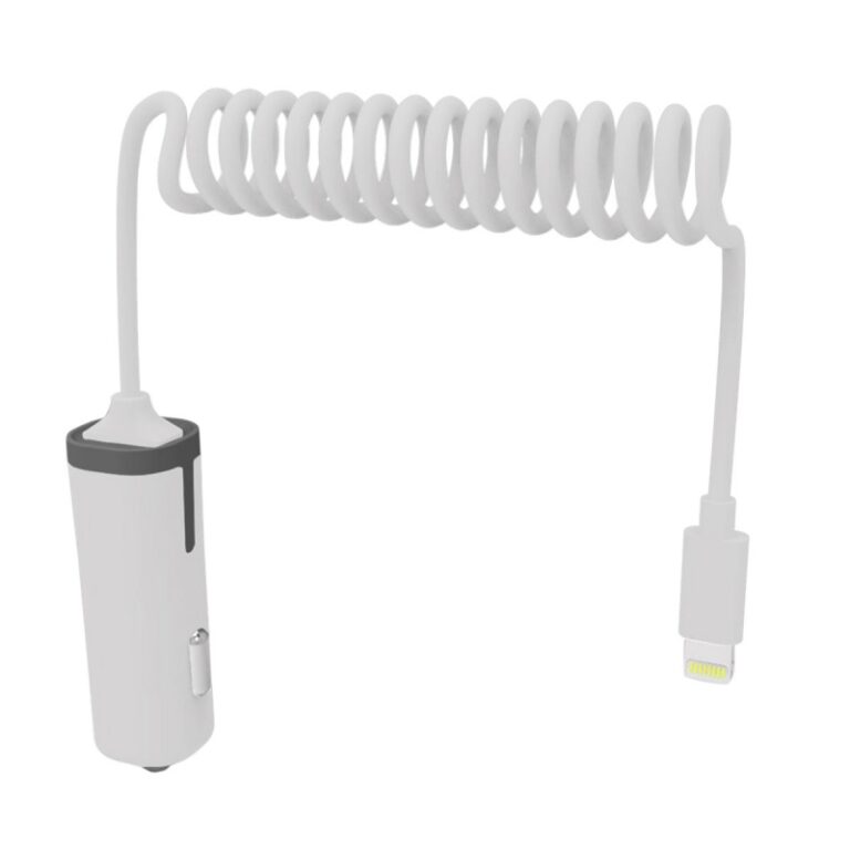 Cargador coche Muvit iO conector 8 pins 2.4A cable rizado 1,8m blanco