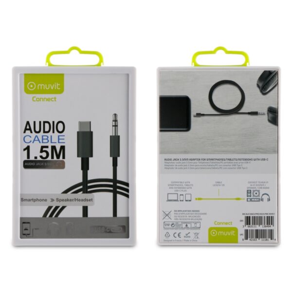 Adaptador Muvit Connect Tipo C 3.0 a Jack 3.5 macho 1,5m negro. - Imagen 2