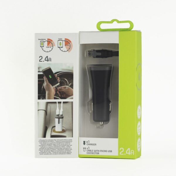 Pack Muvit Cargador coche 2 USB + cable 2.4A 1m Micro USB negro. - Imagen 2