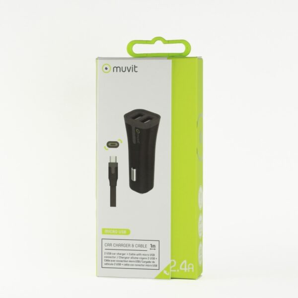 Pack Muvit Cargador coche 2 USB + cable 2.4A 1m Micro USB negro.