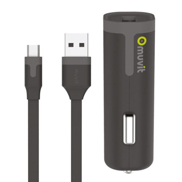 Pack Muvit Cargador coche USB 1A negro + Cable USB-Micro USB 1m negro.