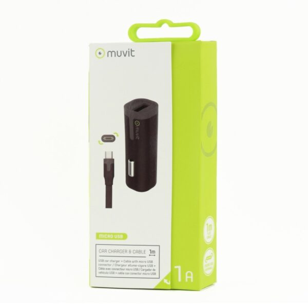 Pack Muvit Cargador coche USB 1A negro + Cable USB-Micro USB 1m negro. - Imagen 2