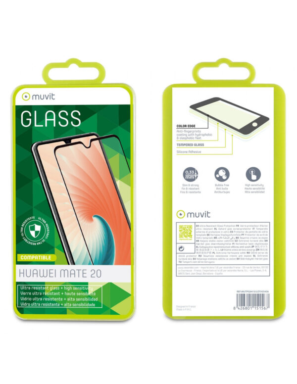 Protector pantalla Muvit para Huawei Mate 20 vidrio templado plano marco negro - Imagen 2