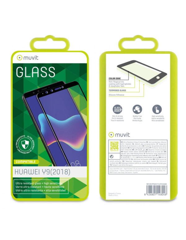 Protector pantalla Muvit para Huawei Y9 2018 vidrio templado plano marco negro - Imagen 2