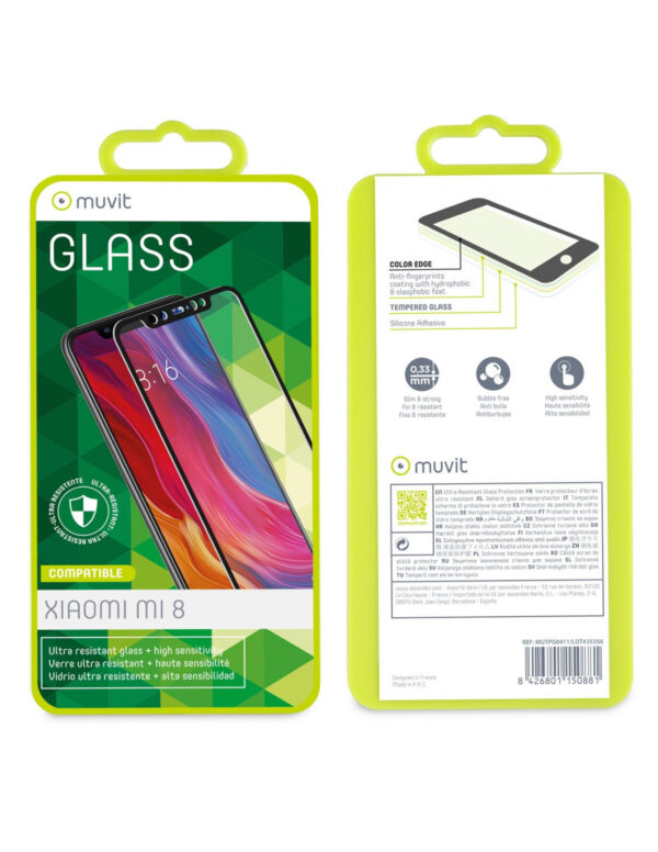 Protector de pantalla Muvit para Xiaomi MI 8 vidrio templado plano marco negro. - Imagen 2
