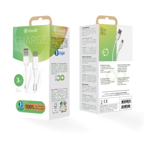 Cable Muvit for change USB a Tipo C 3A 3m blanco - Imagen 4