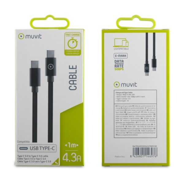 Cable Muvit Tipo C 3.0 a Tipo C 3.0 5GBPS 4.3A E-mark 1m negro (NUEVO) - Imagen 2