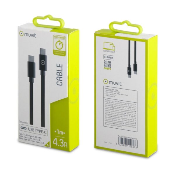 Cable Muvit Tipo C 3.0 a Tipo C 3.0 5GBPS 4.3A E-mark 1m negro (NUEVO) - Imagen 3