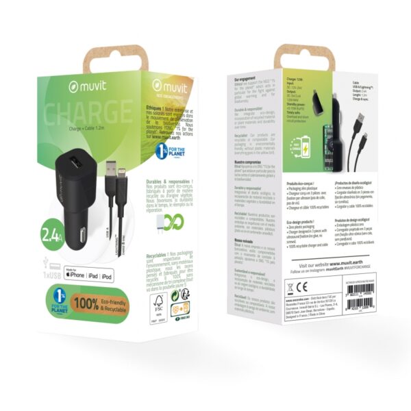 Pack Muvit por Change Cargador coche USB 2.4A 12W + cable Apple 2.4A 1,2m. - Imagen 3