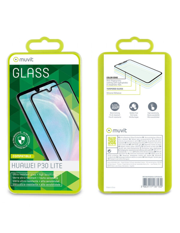 Protector pantalla Muvit para Huawei P30 lite vidrio templado plano marco negro - Imagen 2
