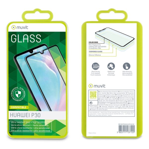 Protector pantalla Muvit para Huawei P30 vidrio templado plano marco negro - Imagen 2