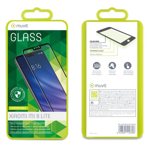 Protector de pantalla Muvit Xiaomi MI 8 Lite vidrio templado plano marco negro - Imagen 2