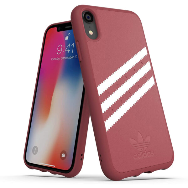 Funda Original Adidas Moulded Suede para Apple iPhone XR Color Rosa Malva y Blanco