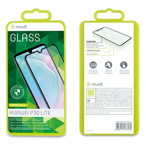 Protector de pantalla Muvit Huawei P30 Lite vidrio templado plano marco negro. - Imagen 2