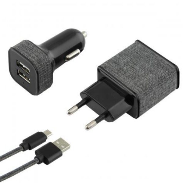 Pack Ksix Cargador USB 2.4A + Cargador Coche 2.1A + Cable USB Textil.