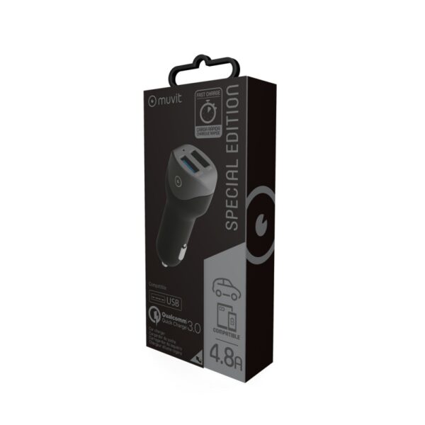 Cargador coche Muvit 2 USB Qualcomm QC 3.0 + 2.4A smart IC negro - Imagen 4