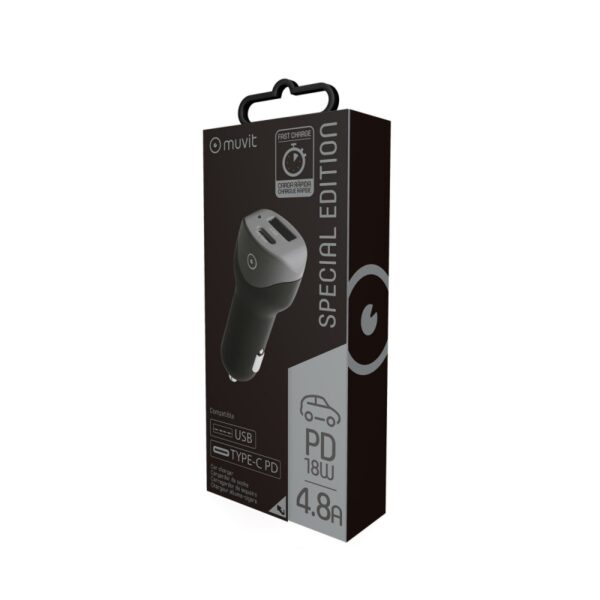Cargador coche Muvit USB 2.4A + Tipo C PD 18W smart IC negro (NUEVO) - Imagen 3
