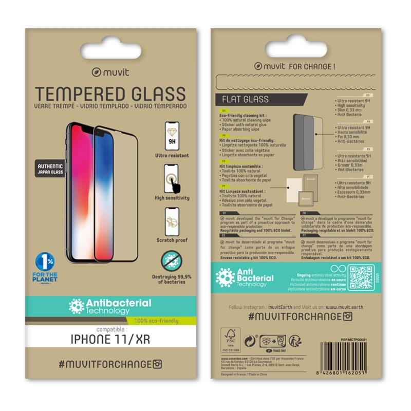 Protector de pantalla Muvit for change Para Apple iPhone 11/XR vidrio templado plano marco antibacteriano - Imagen 2