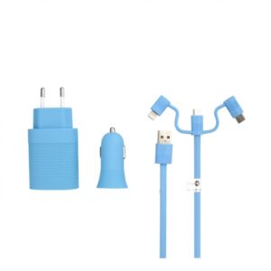 Pack Muvit Life cargador de coche usb+cargador de casa usb+cable 3 en 1 azul