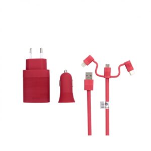 Pack Muvit Life cargador de coche usb+cargador de casa usb+cable 3 en 1 rojo
