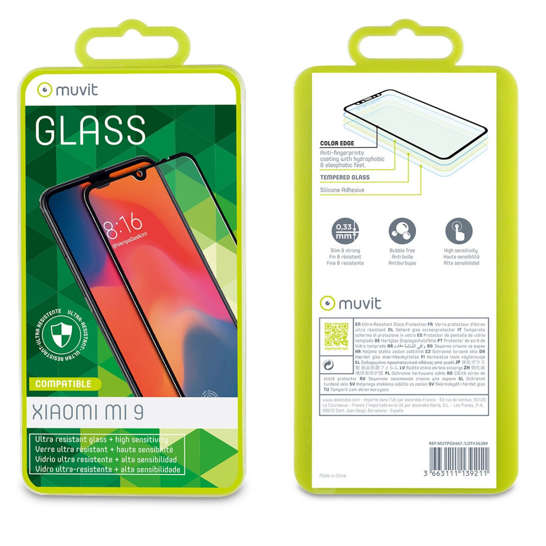 Protector de pantalla Muvit para Xiaomi Mi 9 vidrio templado plano marco negro. - Imagen 2