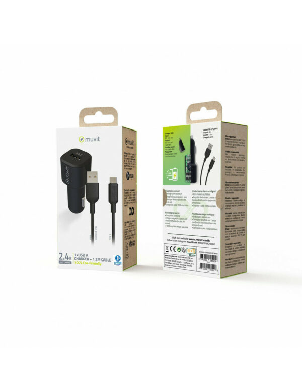 Pack Muvit for Change Cargador coche USB 12W + Cable Tipo C 3A 1,2m negro - Imagen 5