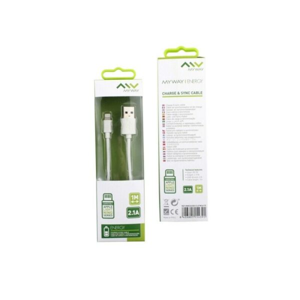 Cable Myway USB-Apple 2.1A 1m blanco. - Imagen 3