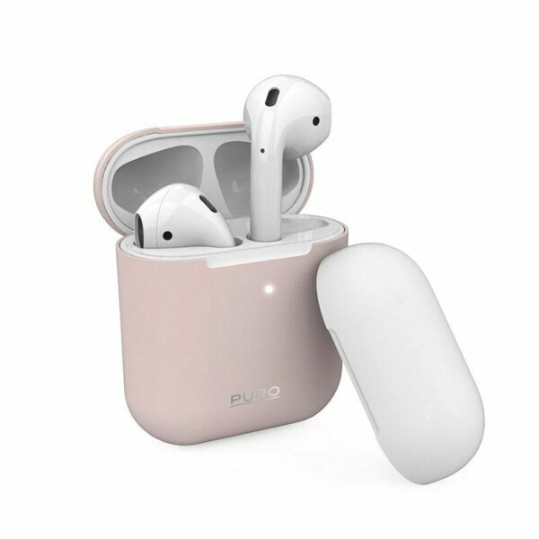 Estuche Puro funda silicona Apple Air pods rosa + tapa adicional blanca.